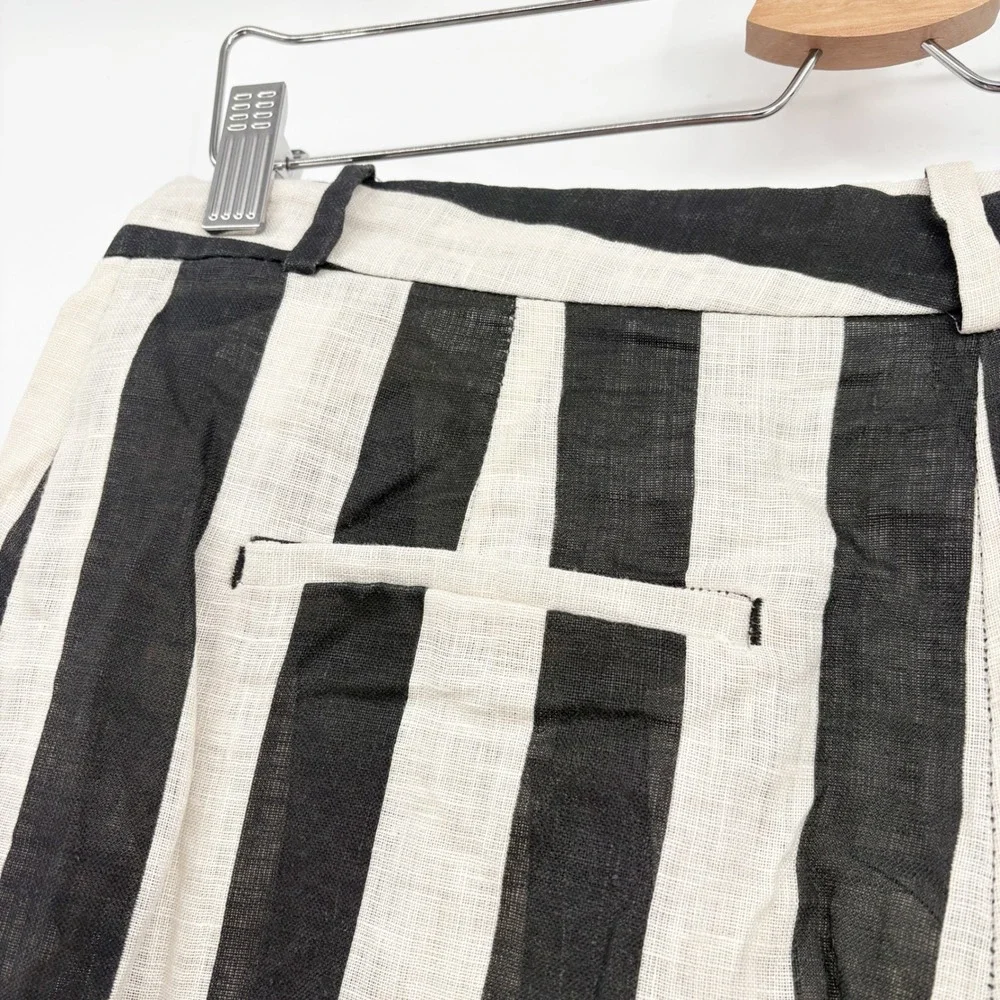 Zara Womens Black Cream Striped 100% Linen Coastal Straight Leg Pants Size M